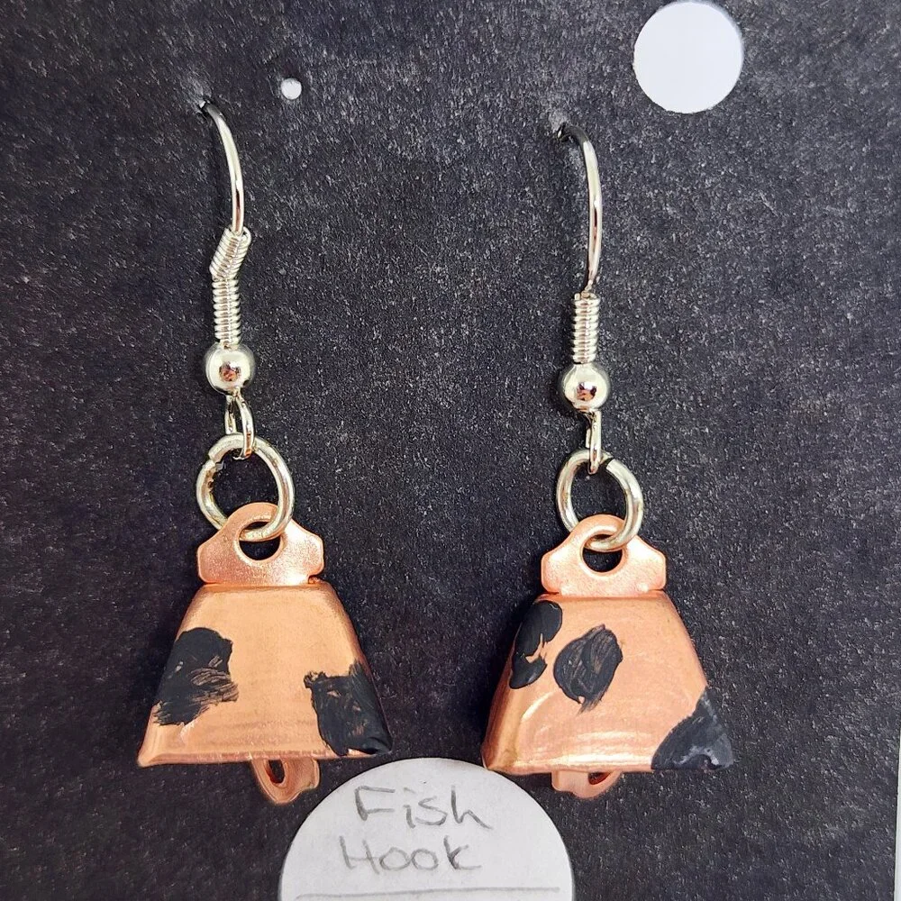 Copper Cow Bell Spot Handmade Craft Dangle Drop Pierced Earrings